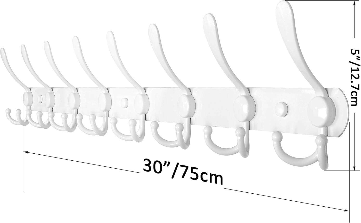 75cm Wall Mounted Coat Rack with 8 Hooks | White Metal Hook Rail Hanger