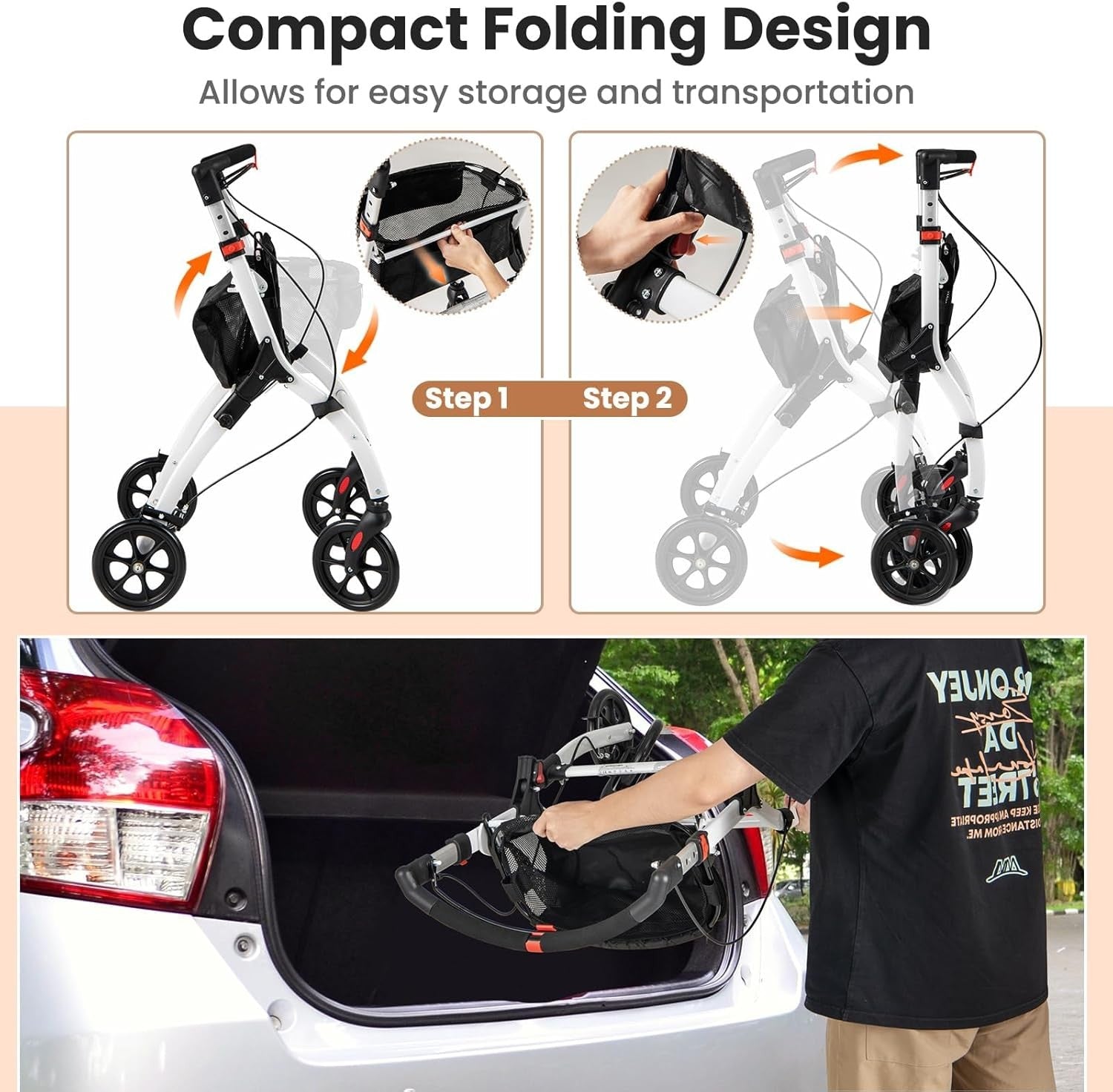 Lightweight Folding Rollator Walker 4 Wheel Basket Brakes Narrow White