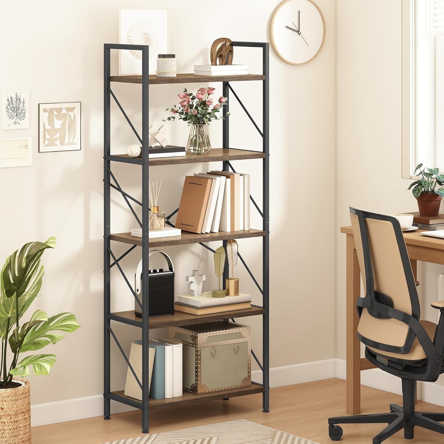 Tall Industrial 5-Tier Bookshelf Metal Frame Wood Shelving Storage Unit