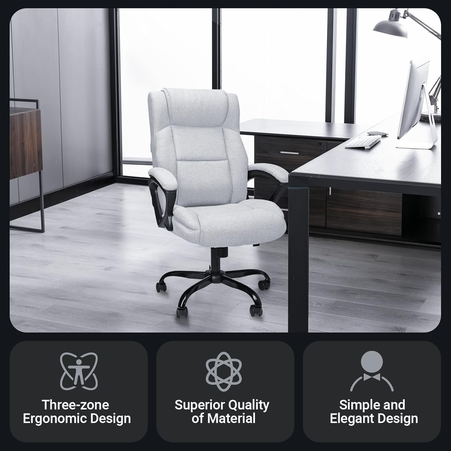 Ergonomic Office Chair S-Back Adjustable Height Rolling Desk Swivel Fabric Grey