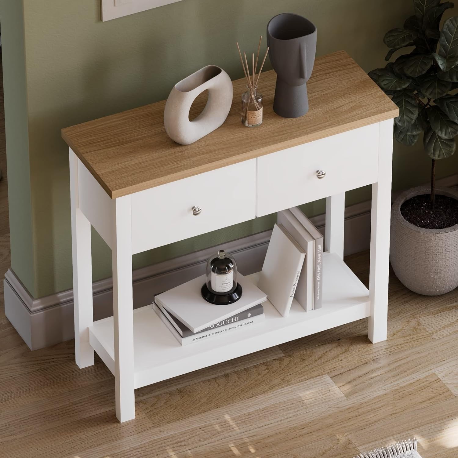 White Console Table with Drawers & Shelf – Slim Hallway Storage Unit