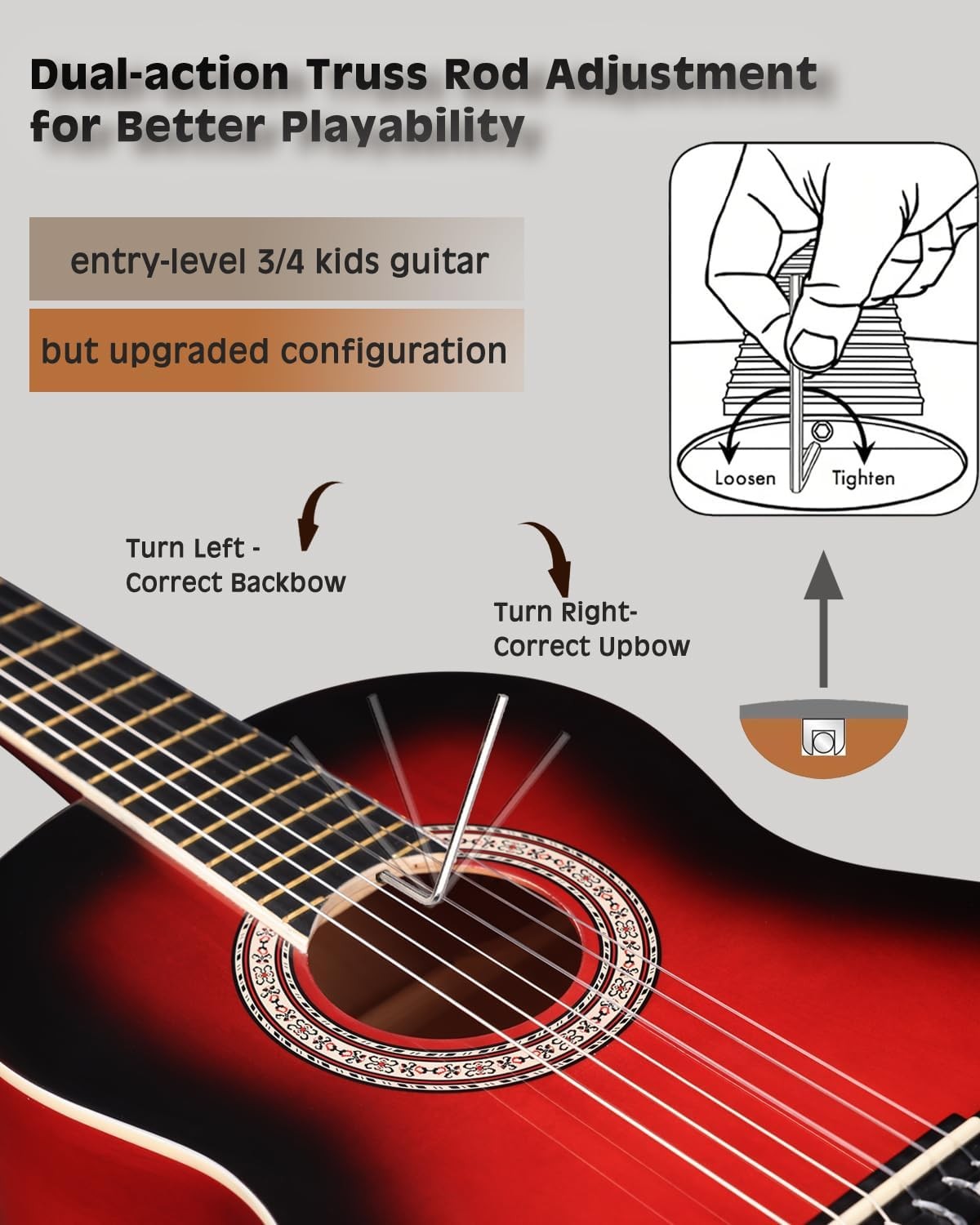 3/4 Classical Guitar 36in Kids Nylon String Starter Kit Red