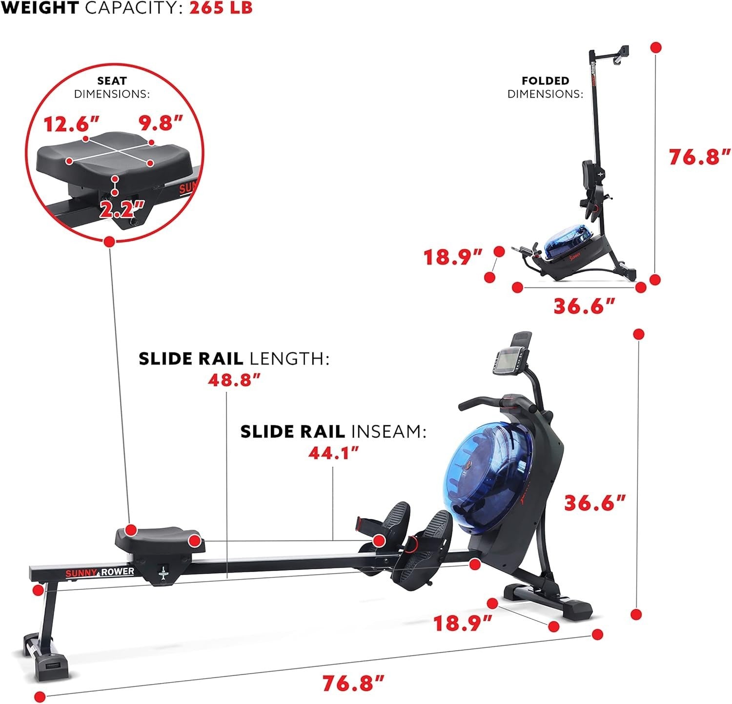 Dual Magnetic Water Rowing Machine Smart LCD App Long Rail Blue Rower 120KG