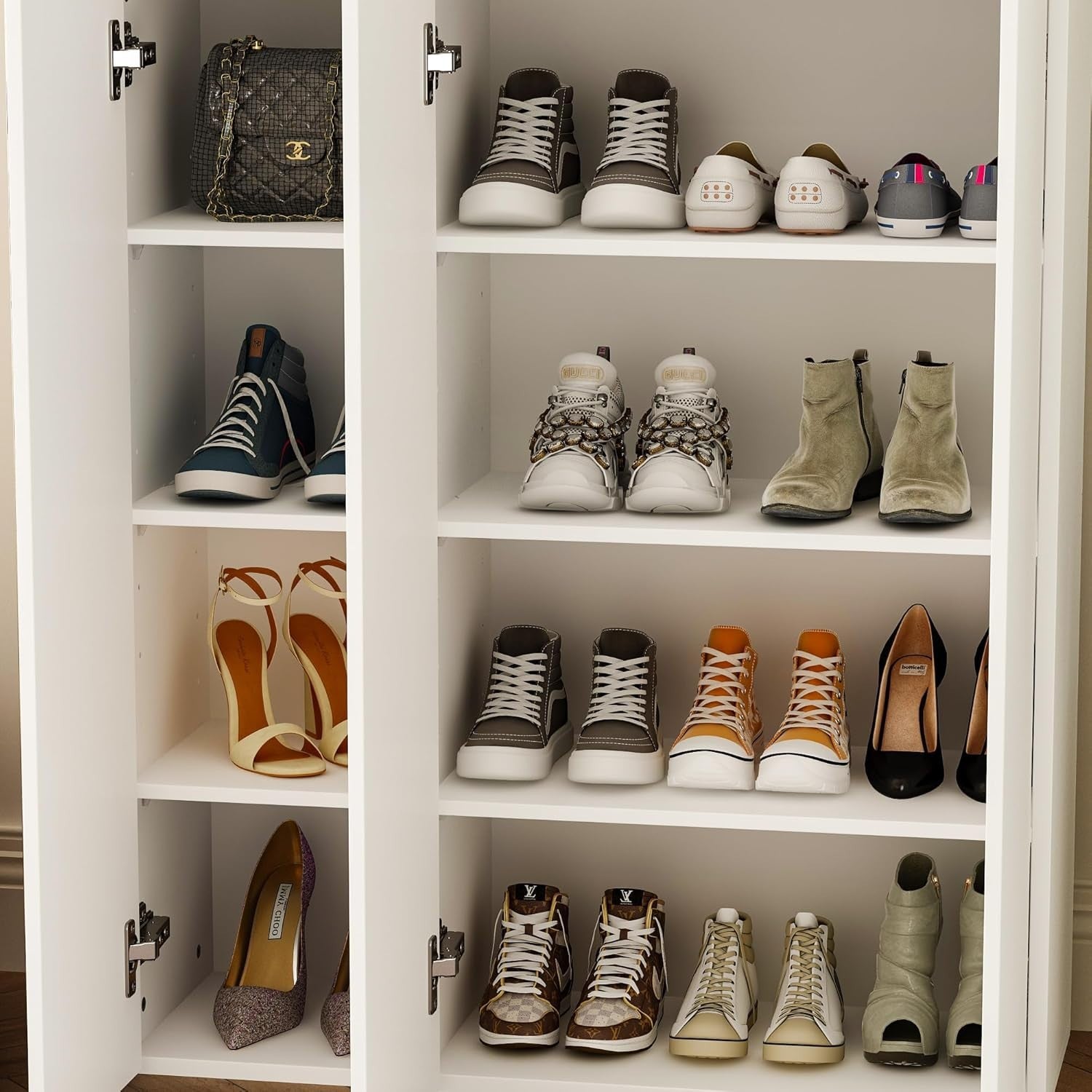 Tall White Shoe Cabinet with Full-Length Mirrors & Pegboard Storage Rack
