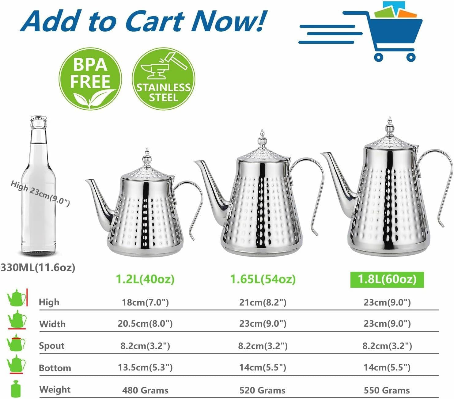 Stainless Steel Teapot 60oz 1.8L Tea Pot w/ Infuser Hammered Finish