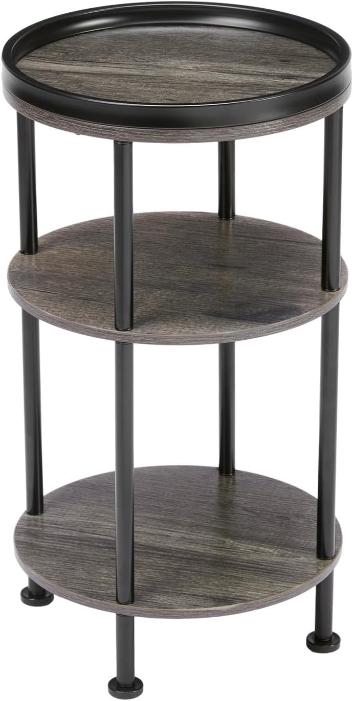 3 Tier Round Side Table with Storage Shelf Metal Frame Small Space Grey 30x55