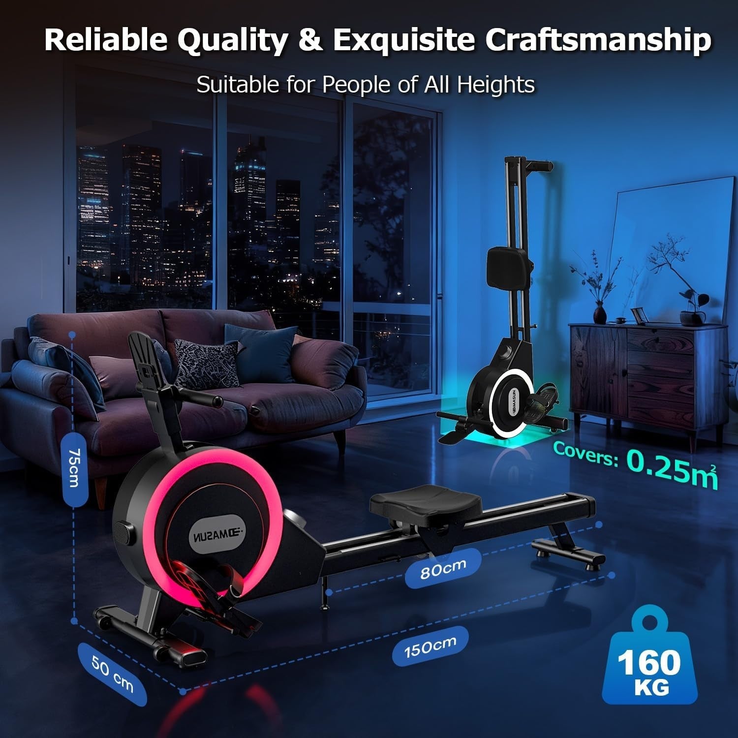 Magnetic Rowing Machine 32-Level Silent Dual Rail Self-Powered Foldable Home