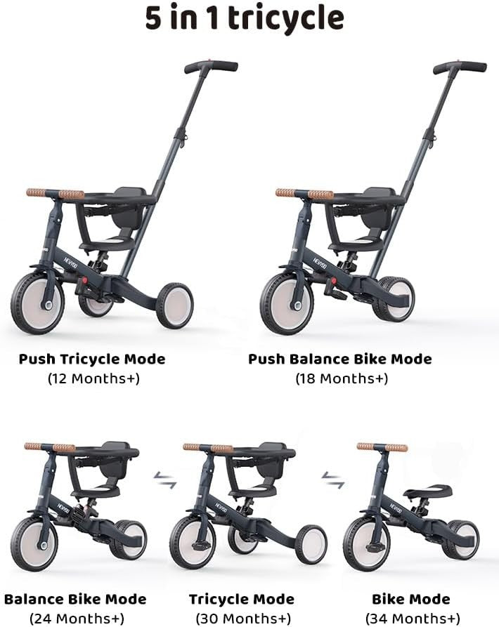 5 in 1 Toddler Tricycle Parent Handle Safety Guard Balance Bike 1-3Y