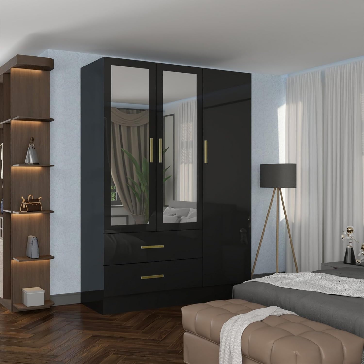 116cm Black High Gloss Wardrobe with Mirror, Drawers & Hanging Rail