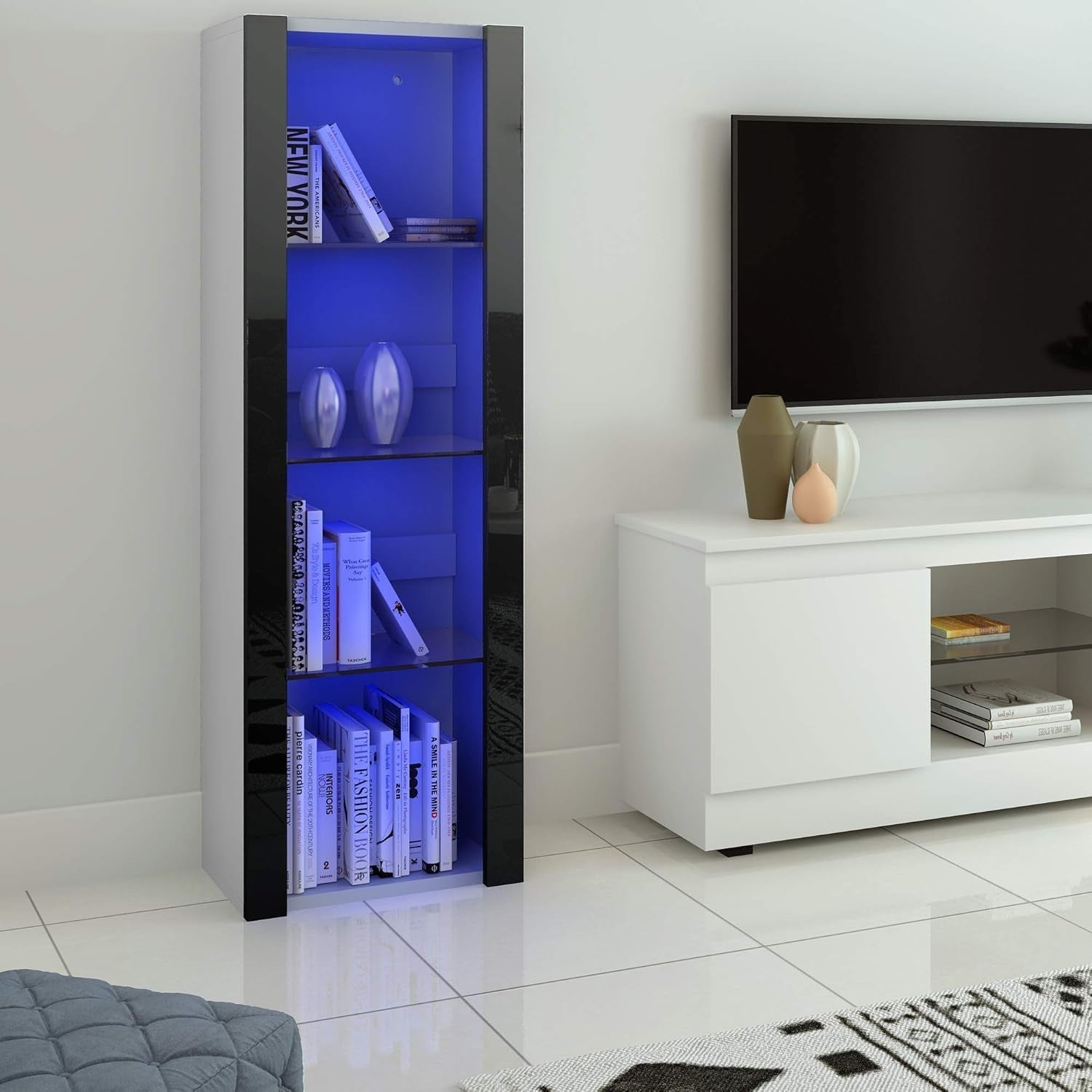 Tall Glass Display Cabinet RGB LED Light Shelves Storage 165cm Cupboard