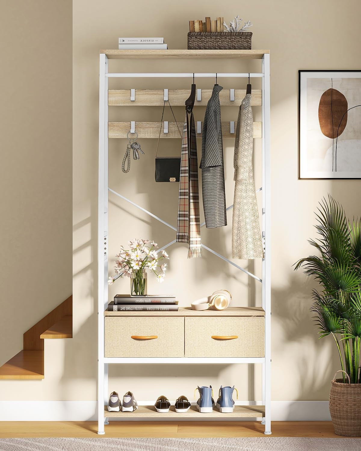 Beige Hall Tree Coat Rack with Bench | Shoe Storage & Drawers Entryway Stand