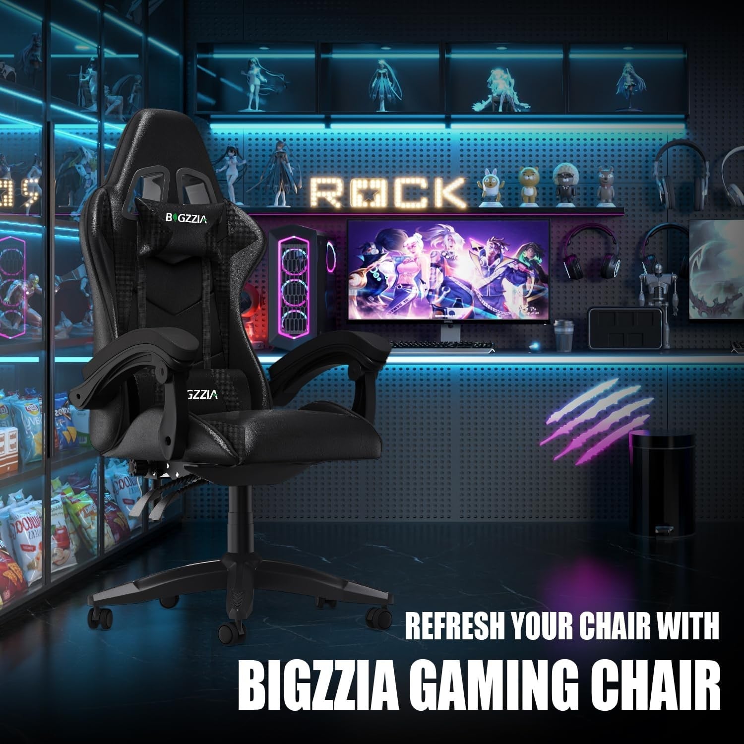 Ergonomic Gaming Chair PU Leather Office Chair w/ Lumbar Pillow