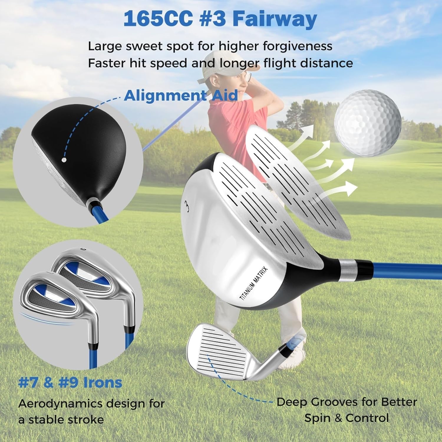 Kids Right Hand Golf Club Set Age 8–10 Fairway Irons Putter Stand Bag
