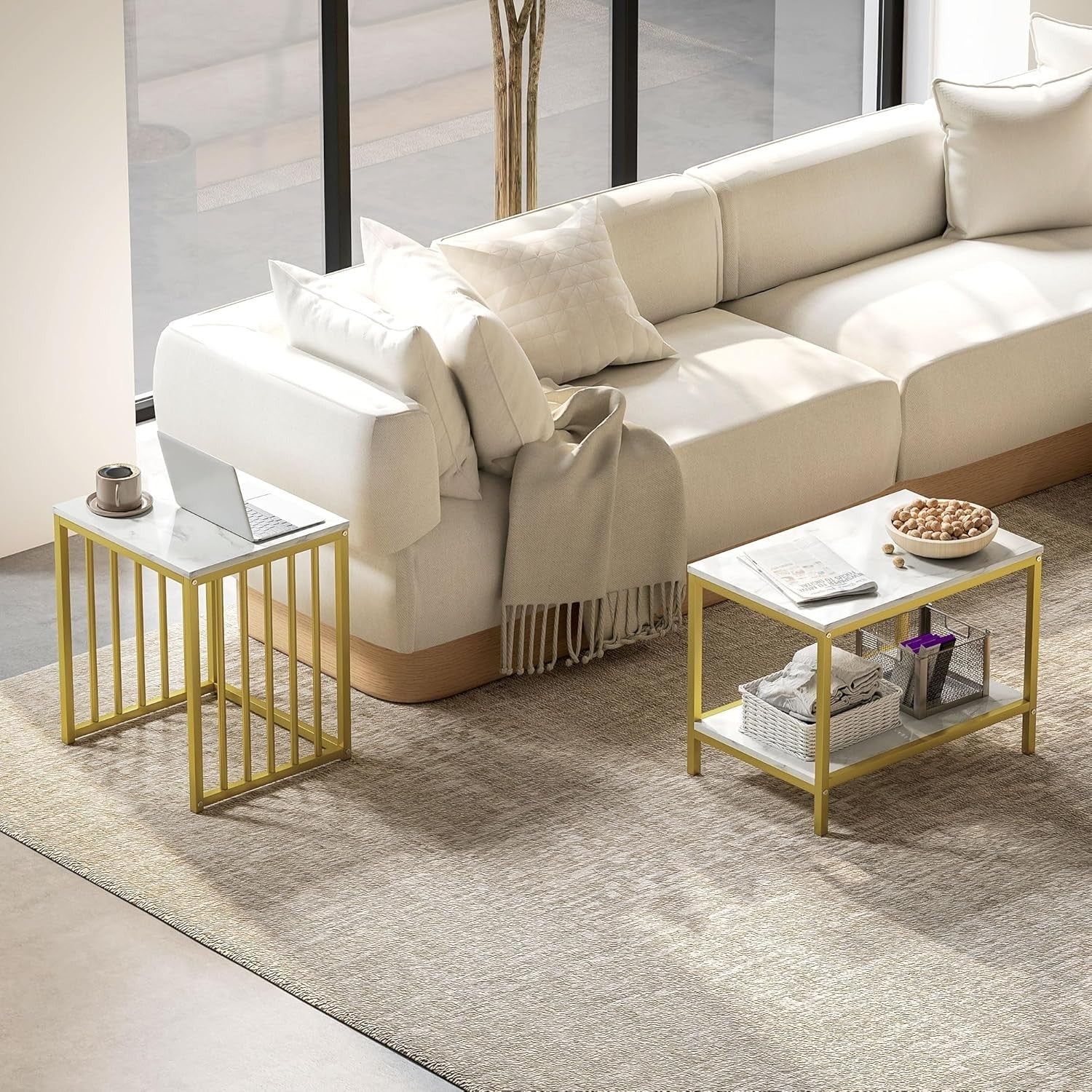 Nest of 2 Side End Coffee Tables Gold Metal Frame Wood Top Bedroom Living Room