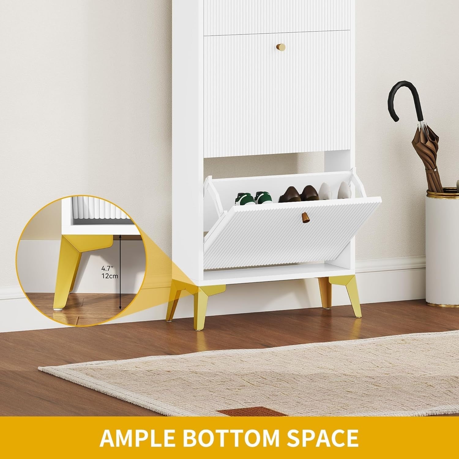 Slim White Shoe Cabinet with 3 Flip Drawers & Adjustable Dividers, Space-Saving