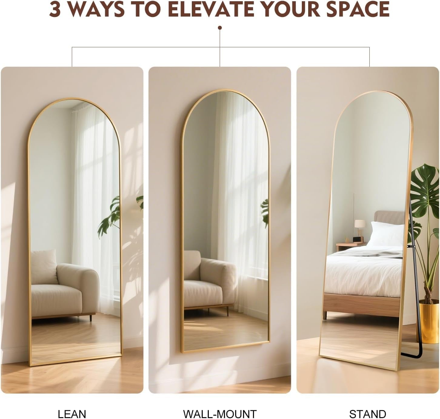 Full Length Arch Mirror 165x60cm Golden Frame Shatterproof Tempered Glass