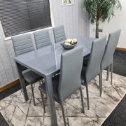 6 Seater Grey Glass Dining Table Set with Faux Leather Chairs & Metal Legs