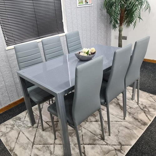 6 Seater Grey Glass Dining Table Set with Faux Leather Chairs & Metal Legs