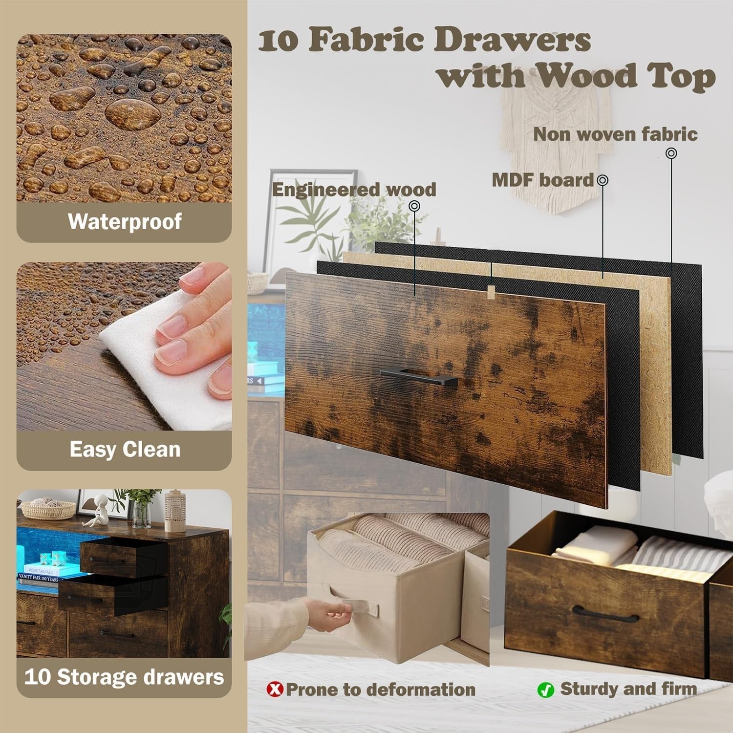 Rustic 10 Drawer LED Storage Cabinet with Wood Top for Bedroom 120x72cm