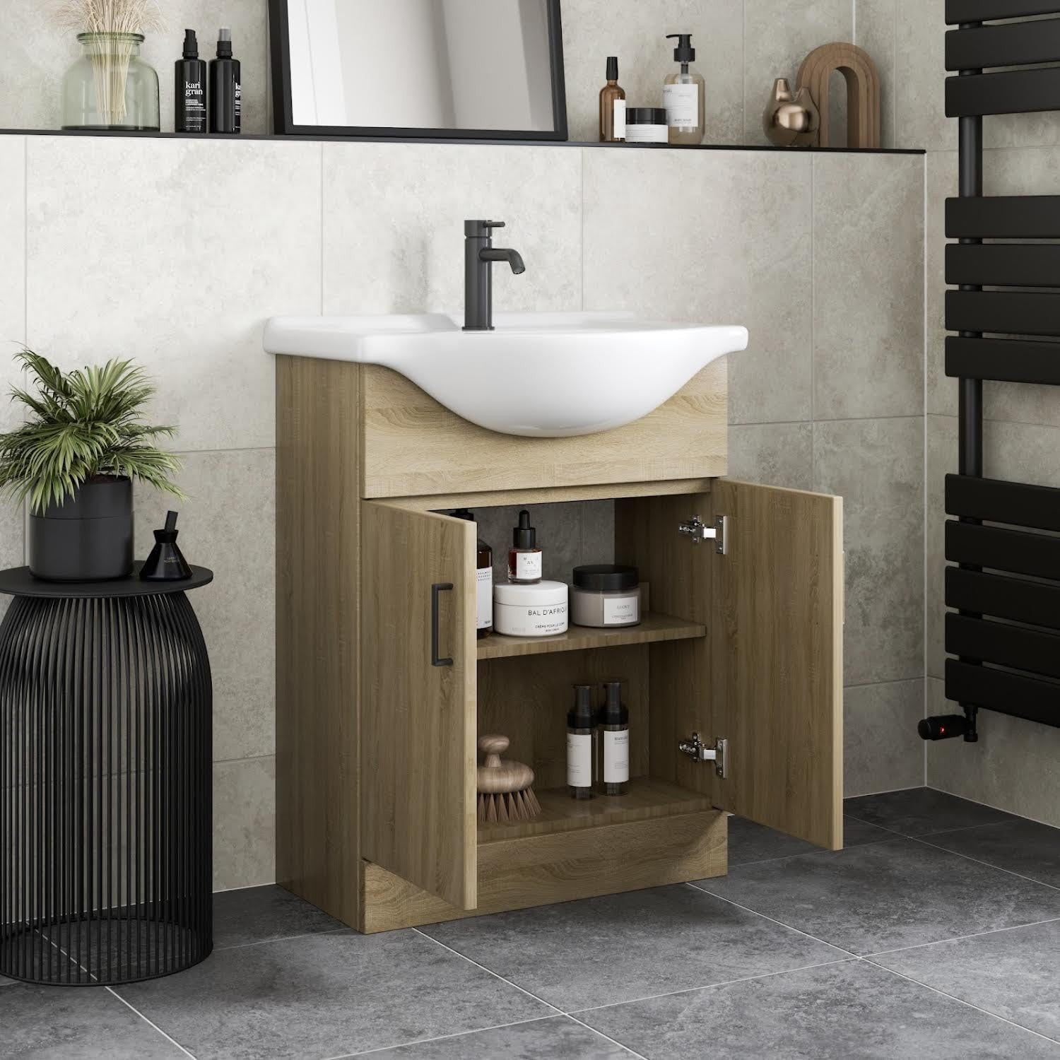 650mm Oak Effect Vanity Sink Unit – Bathroom Basin Cabinet with Soft Close Doors