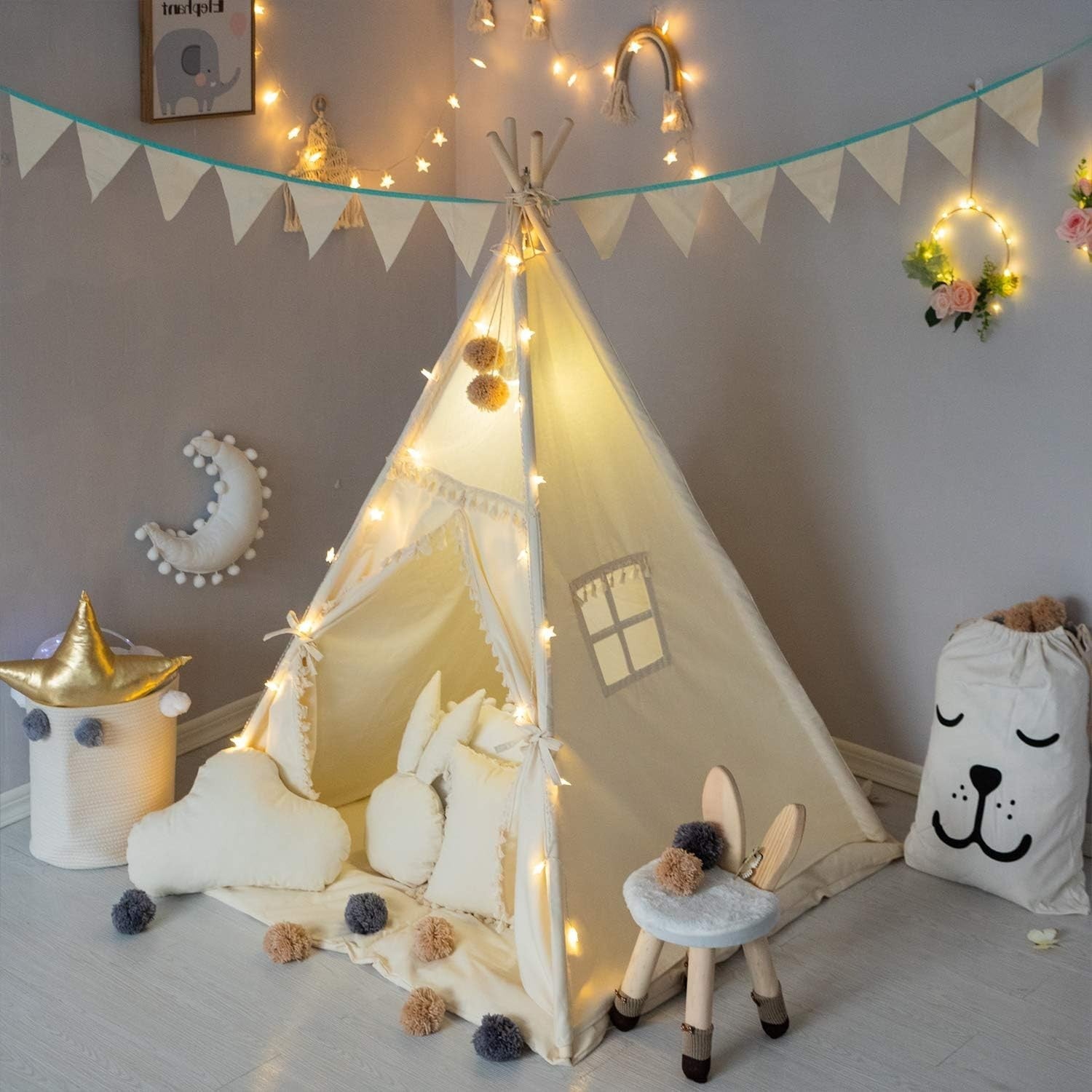 Kids Teepee Tent Cotton Canvas w Padded Mat Banner Tassels