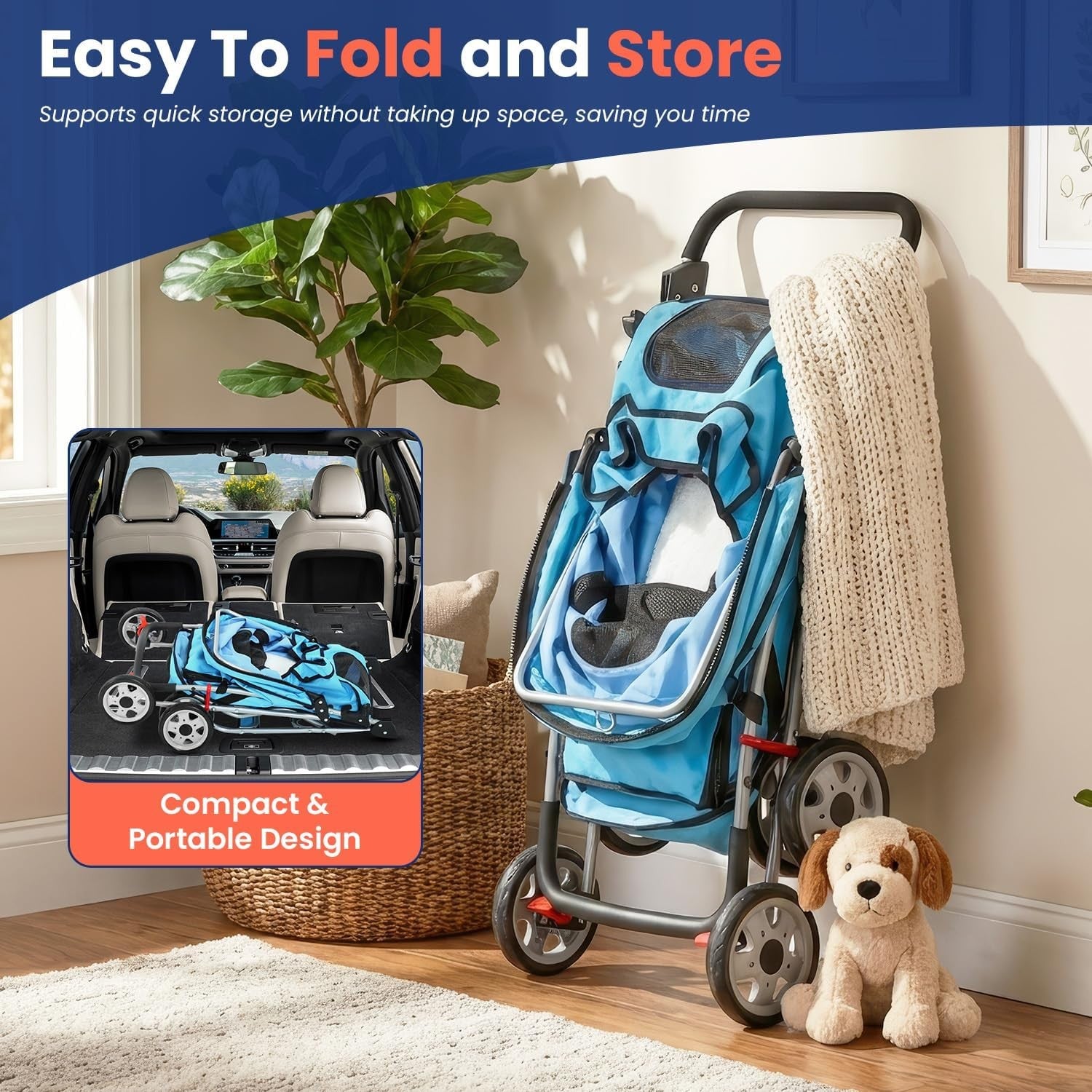 Pet Stroller Dog Cat Pushchair 4 Wheel Foldable Travel Carrier Mesh Blue