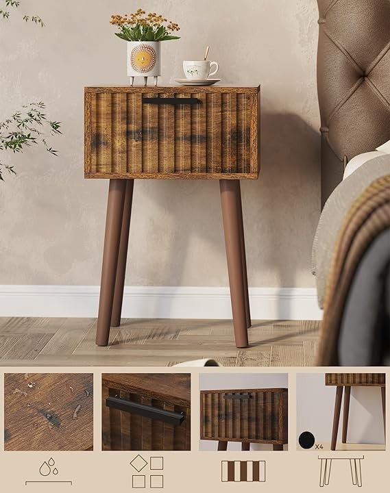 Rustic Brown Fluted Bedside Tables Set of 2, Small End Tables with Drawer & Wood