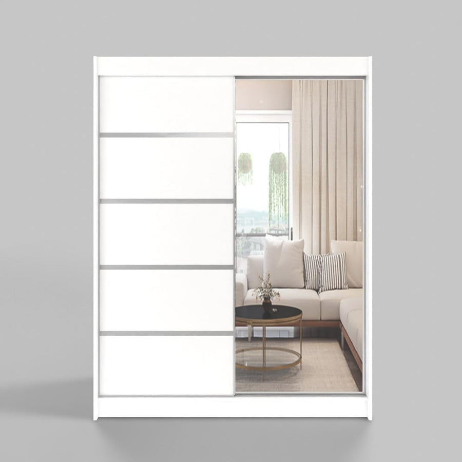 120cm Sliding Door Wardrobe Mirror Modern White Closet Storage Rail