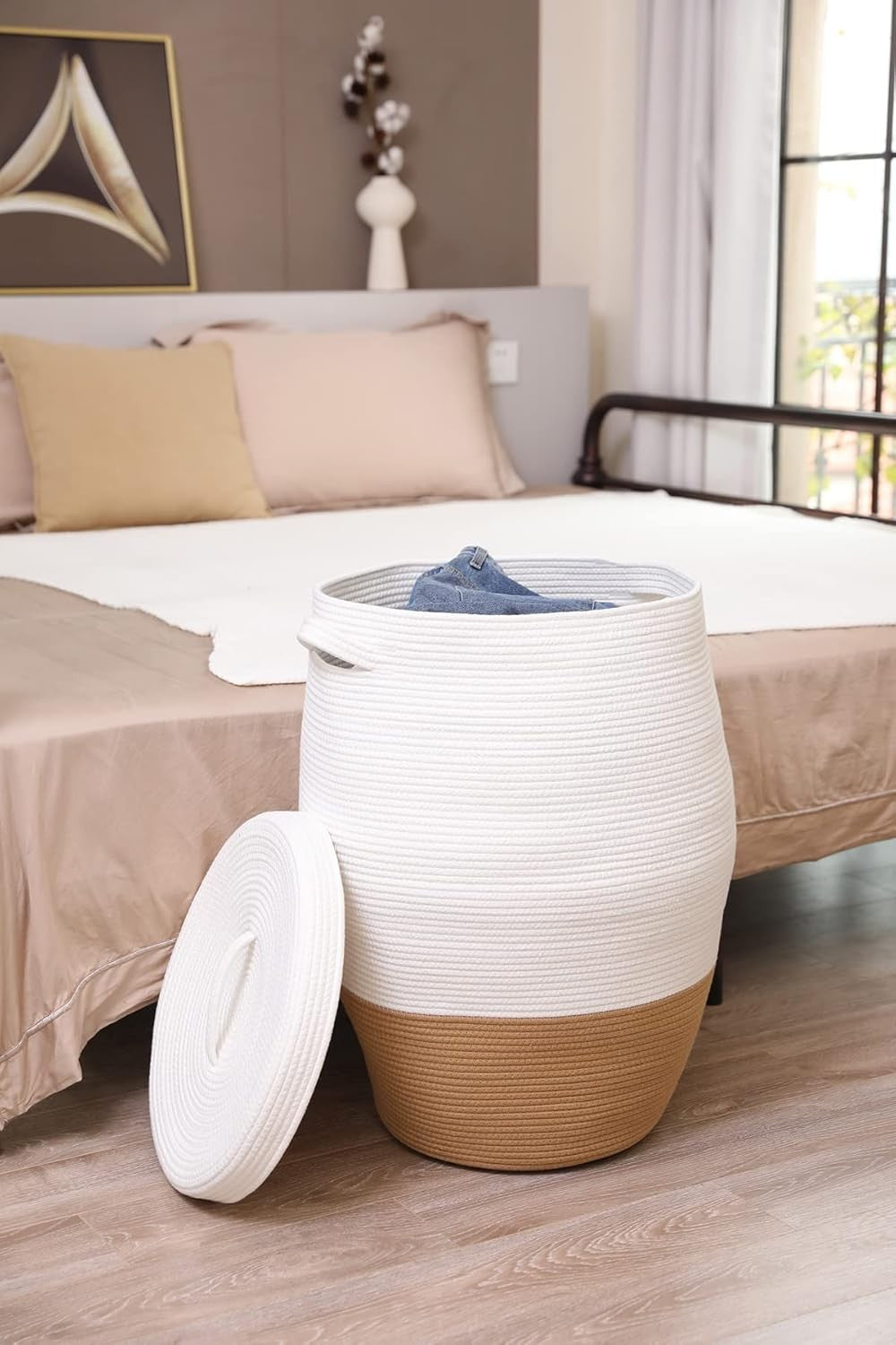 Tall 26" White Camel Laundry Basket with Lid Large Woven Cotton Rope Storage Bin