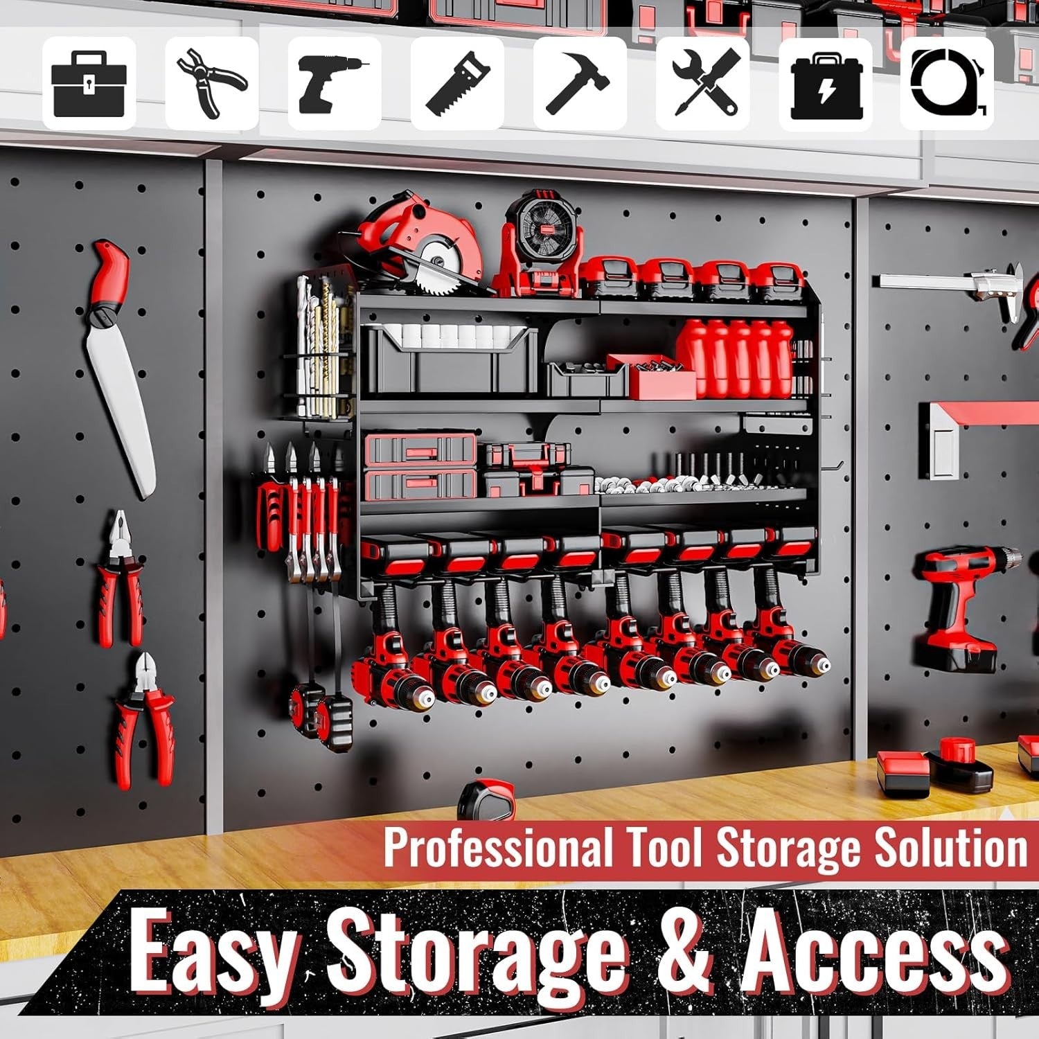 Wall-Mounted Power Tool Rack 4-Tier Screwdriver Holder Black Metal