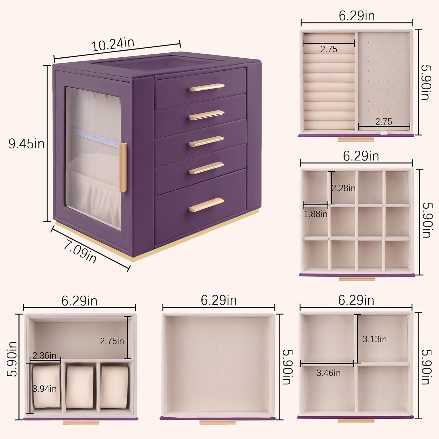 Purple PU Leather Jewellery Organizer Box Drawer Storage for Rings Watches