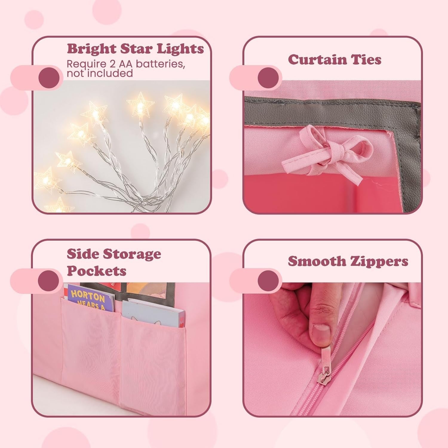 Pink Grey Kids Fairy Play Tent Indoor w Star Lights Mat Storage