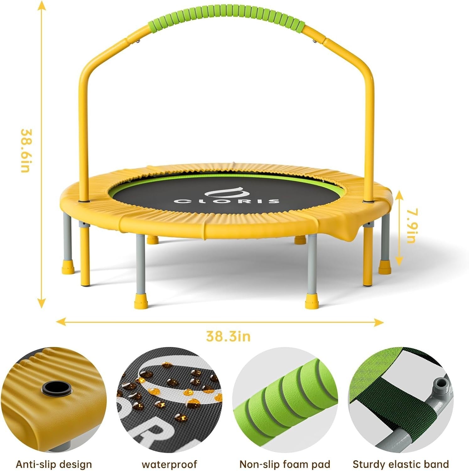 Yellow 38in Indoor Workout Trampoline Quiet Rebounder Handle 220LB