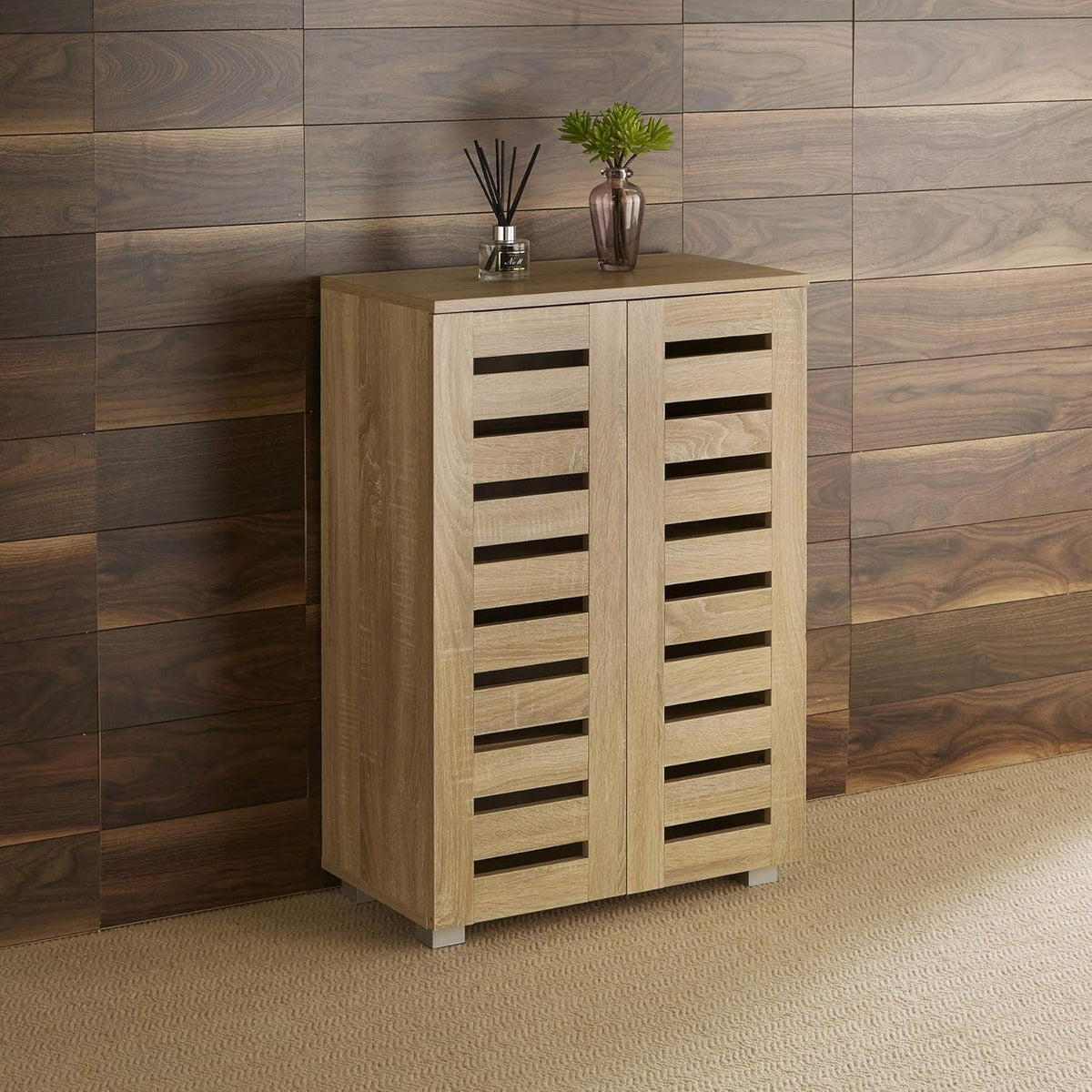 Wooden Shoe Storage Cabinet 2 Door Oak MDF Rack Cupboard Slim Entryway