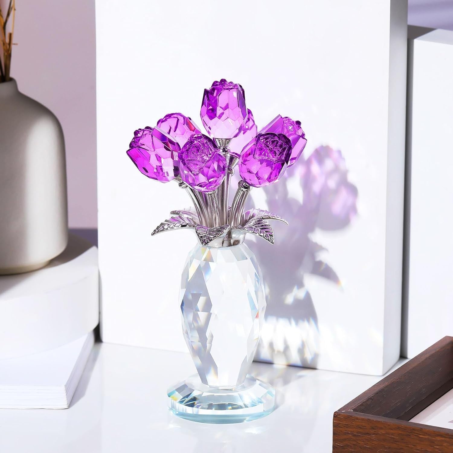 Purple Crystal Rose Bouquet Ornament Glass Flower Figurine Gift for Mum Wife