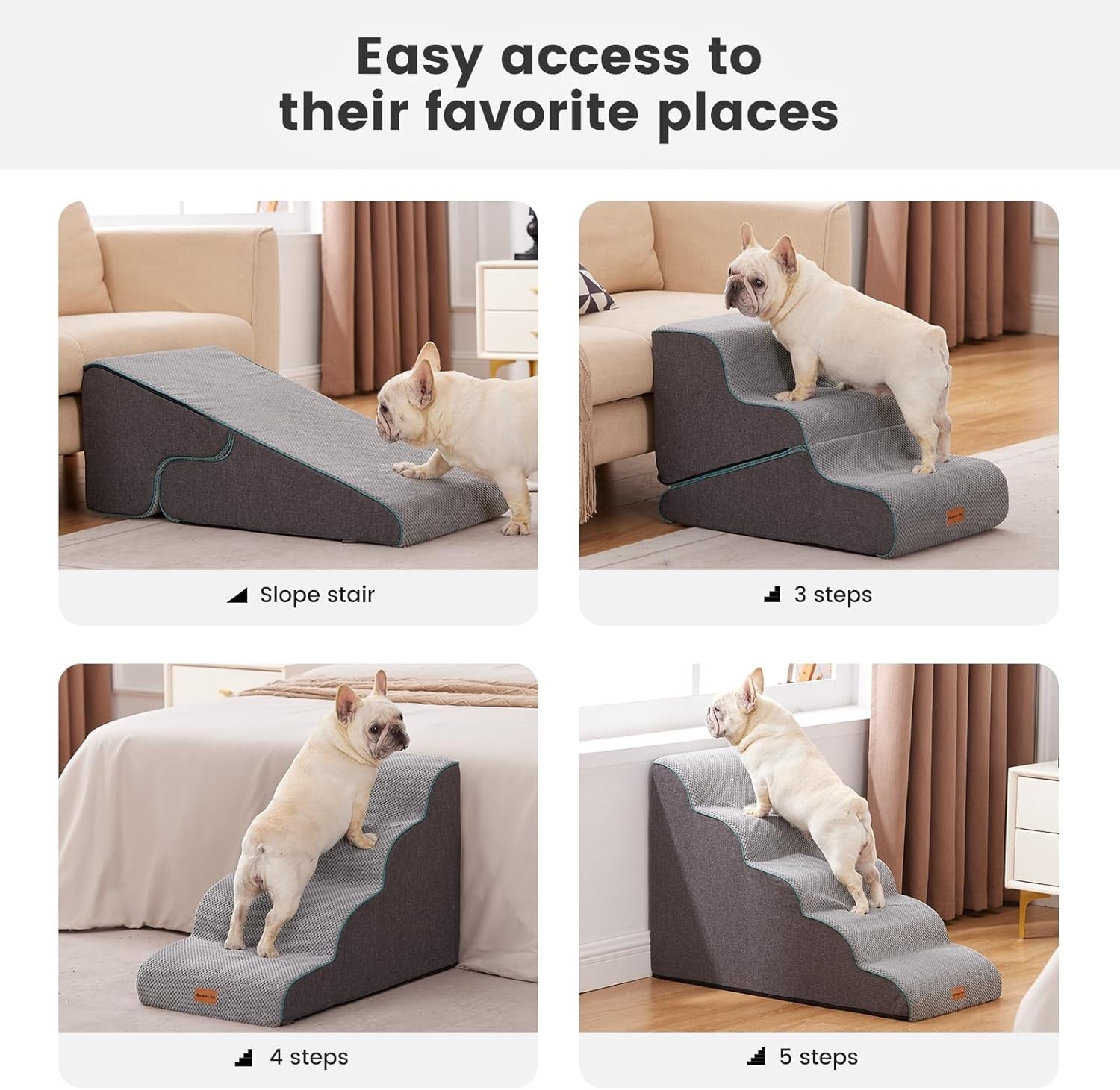 4 Step Dog Stairs Pet Ramp for Bed Sofa Non Slip Washable Grey