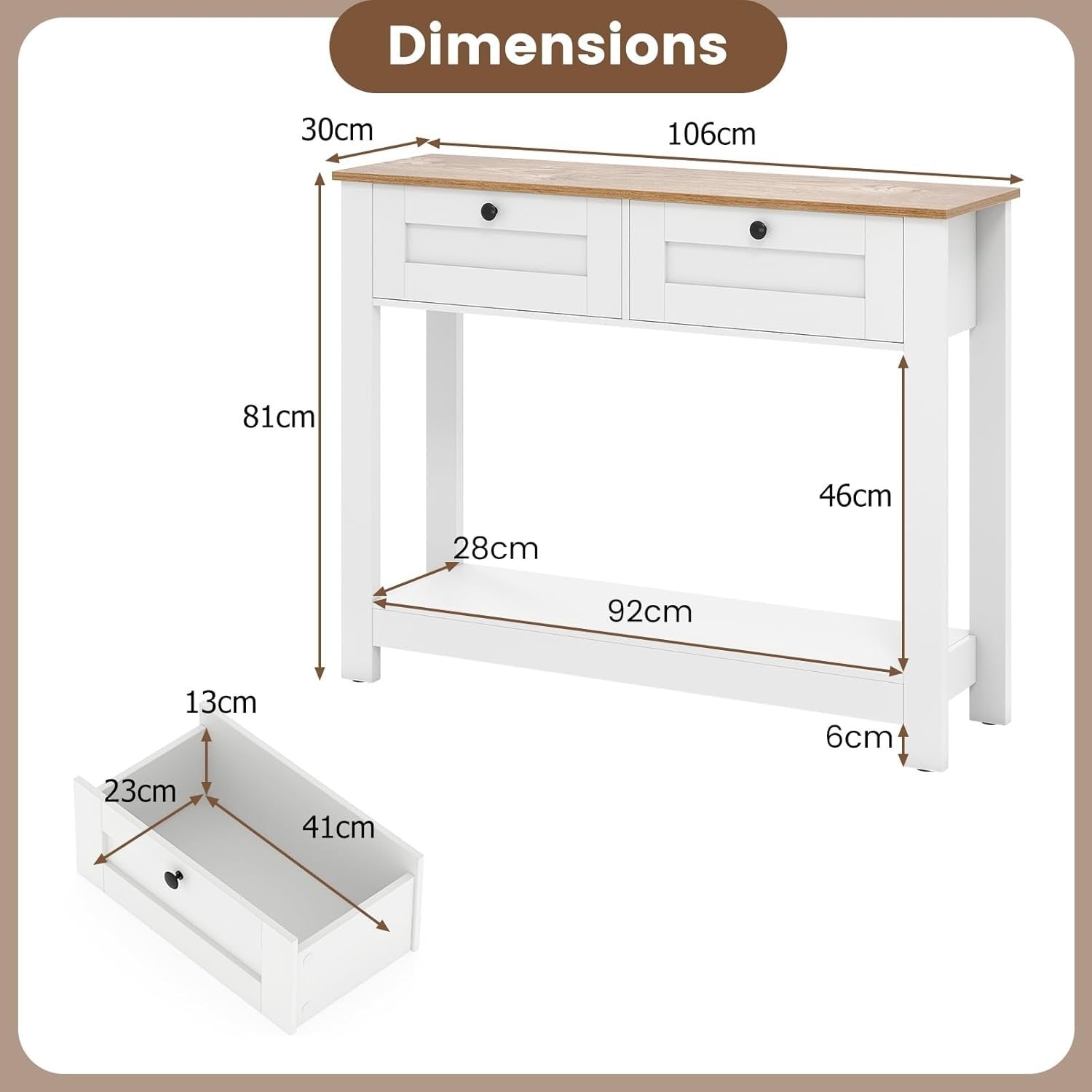 Slim Rustic Console Table 2 Drawers Open Shelf Hallway Storage 106x30x81cm