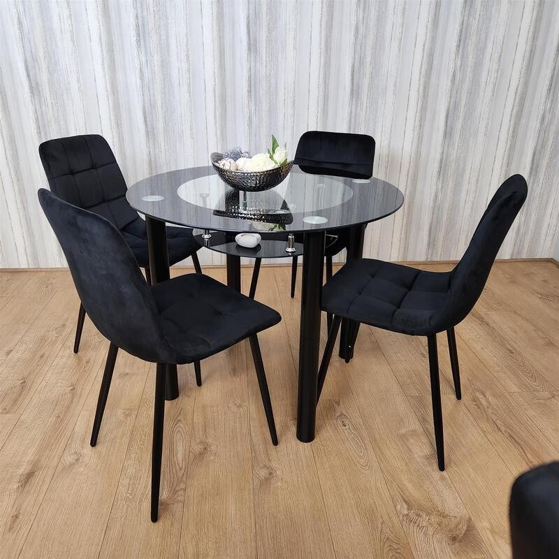Round Black Glass Dining Table Set with 4 Tufted Chairs Modern Kitchen