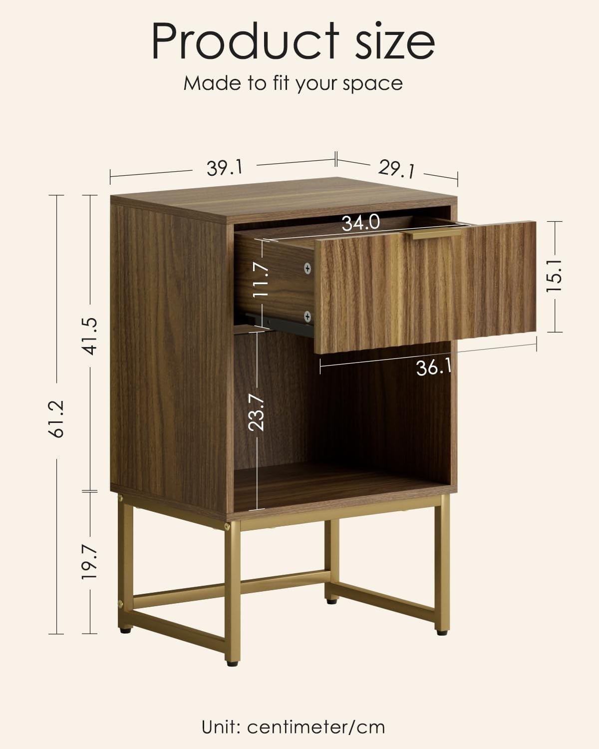 Walnut Bedside Table with Drawer & Shelf – Modern Fluted Wood