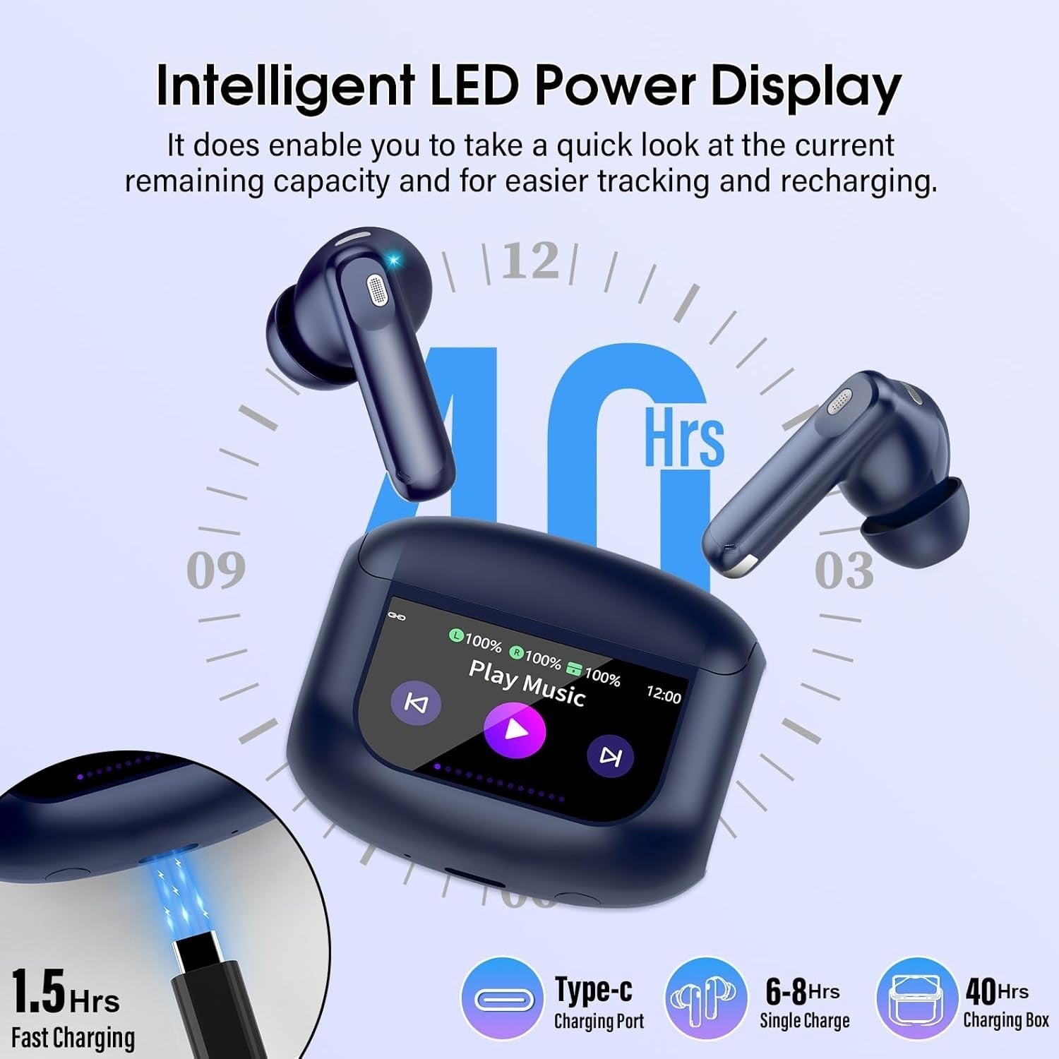 Bluetooth 5.4 ANC Earbuds Touch Screen Noise Cancel 40H IP7 Waterproof Blue