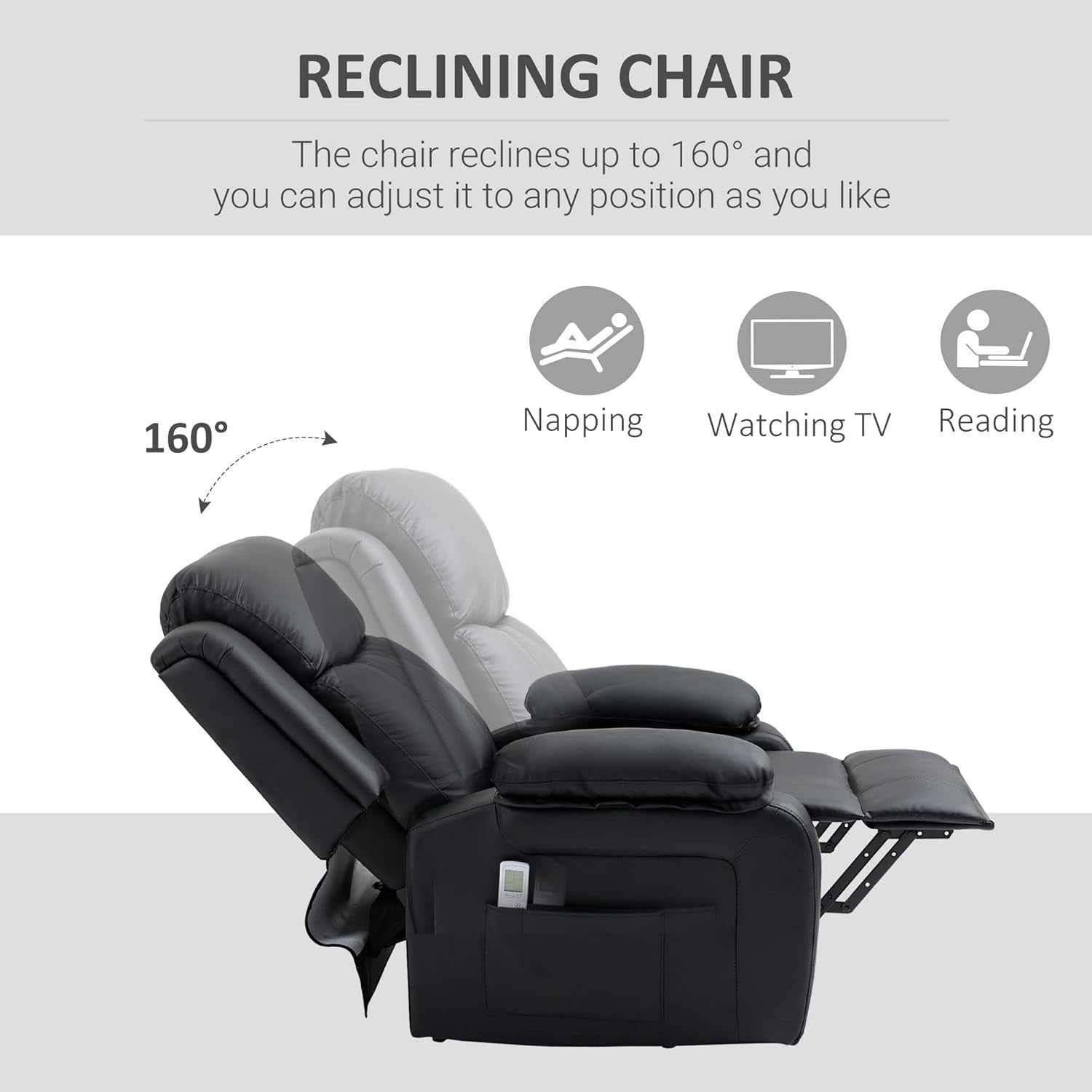 Power Lift Recliner Chair Massage Heat 160° Recline Footrest Side Pockets Black