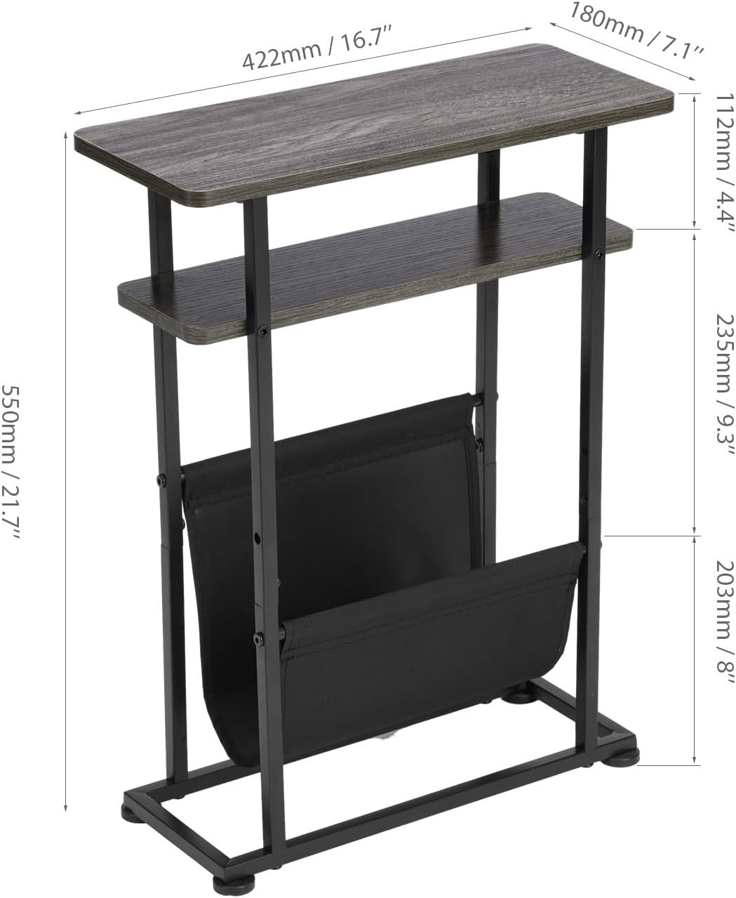 Slim Industrial Side Table with Magazine Holder & Adjustable Feet 18x42x55cm