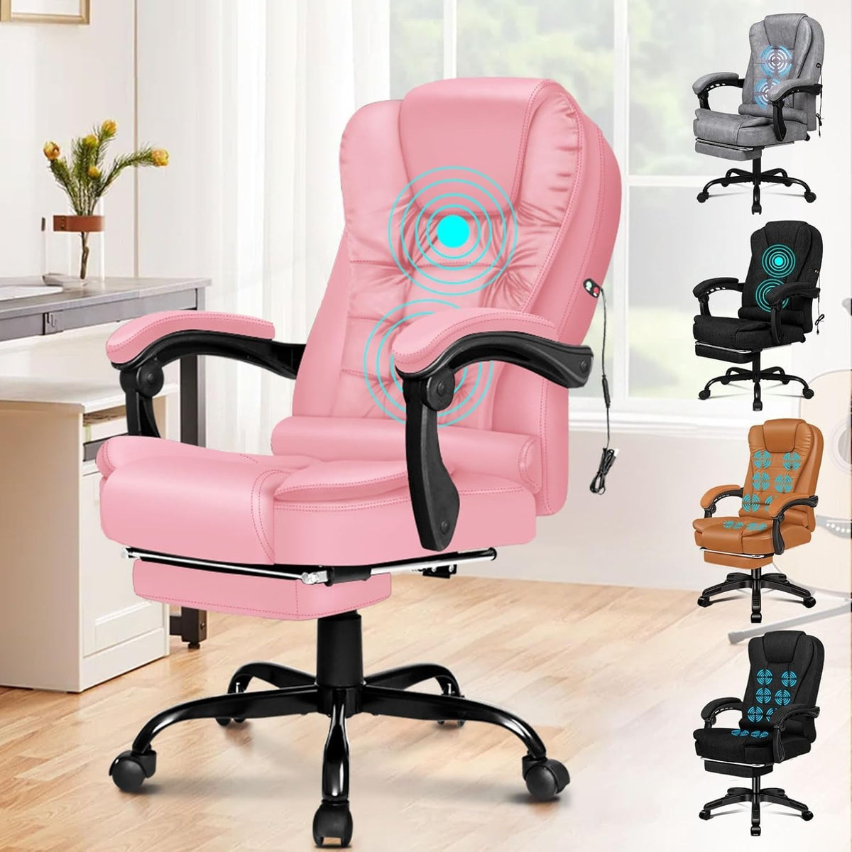Pink Massage Office Chair Recliner Footrest Ergonomic PU Leather Swivel