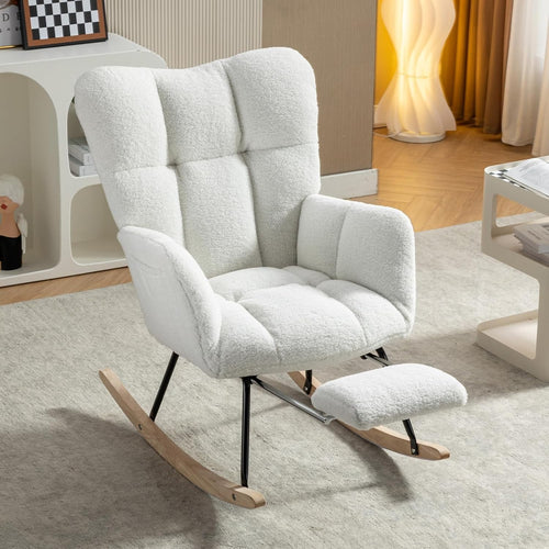 Ergonomic Nursing Rocking Chair with Footstool | Cozy Teddy Fabric, Durable Fram