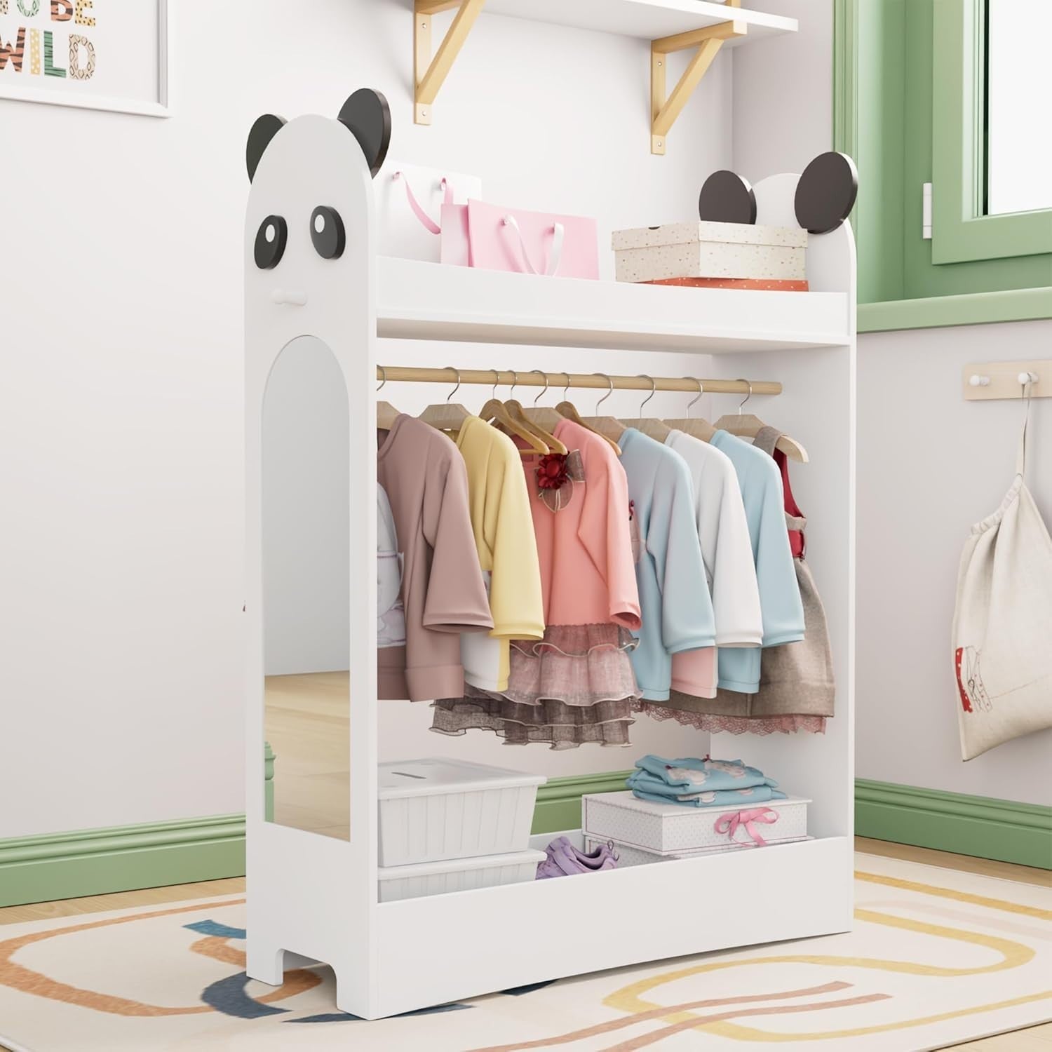 Kids Wardrobe with Mirror & Hanging Rail, Open Storage No Drawer White