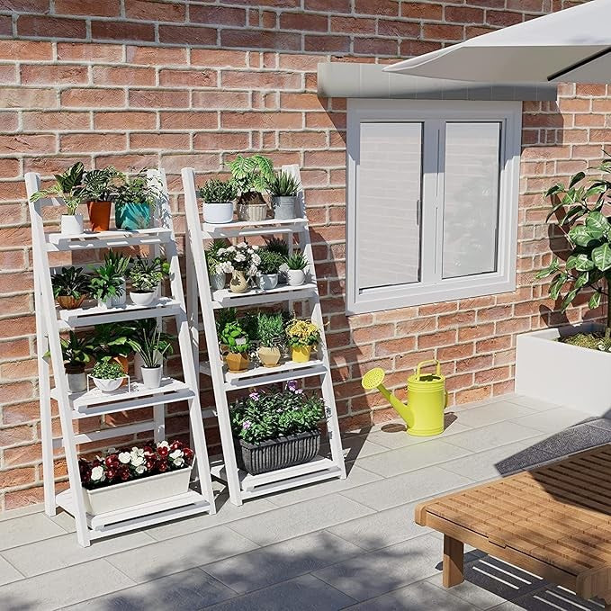 4 Tier Wooden Ladder Plant Stand Foldable Display Shelf Indoor Outdoor White
