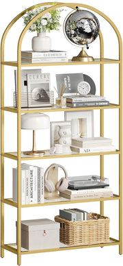 5-Tier Gold Arched Glass Shelf Unit Modern Tall Display Storage Rack