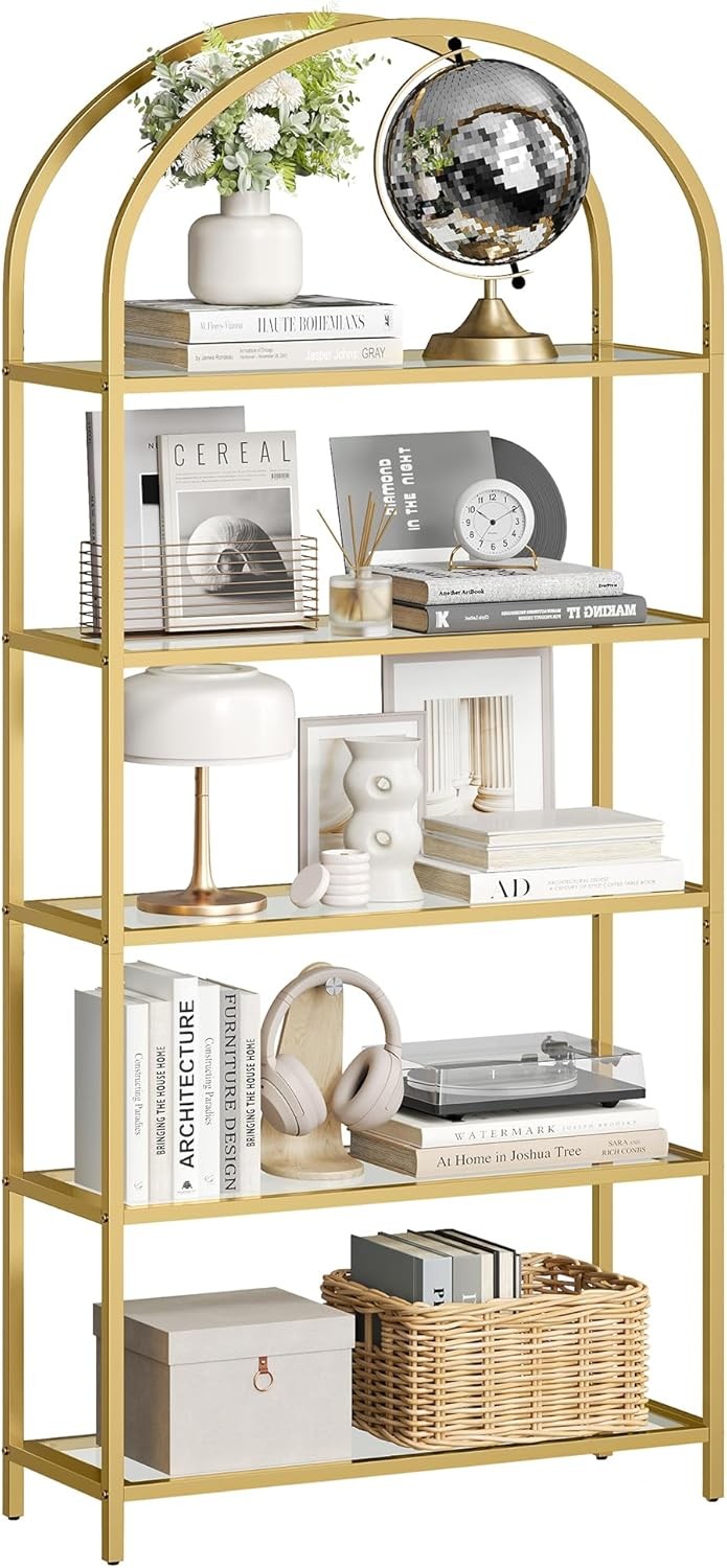 5-Tier Gold Arched Glass Shelf Unit Modern Tall Display Storage Rack