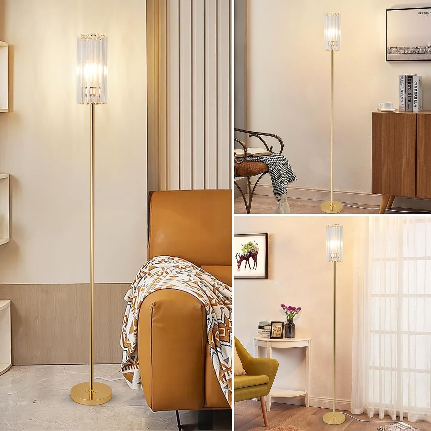 Gold Crystal Floor Lamp Glass Shade Tall Corner Standing Light E27