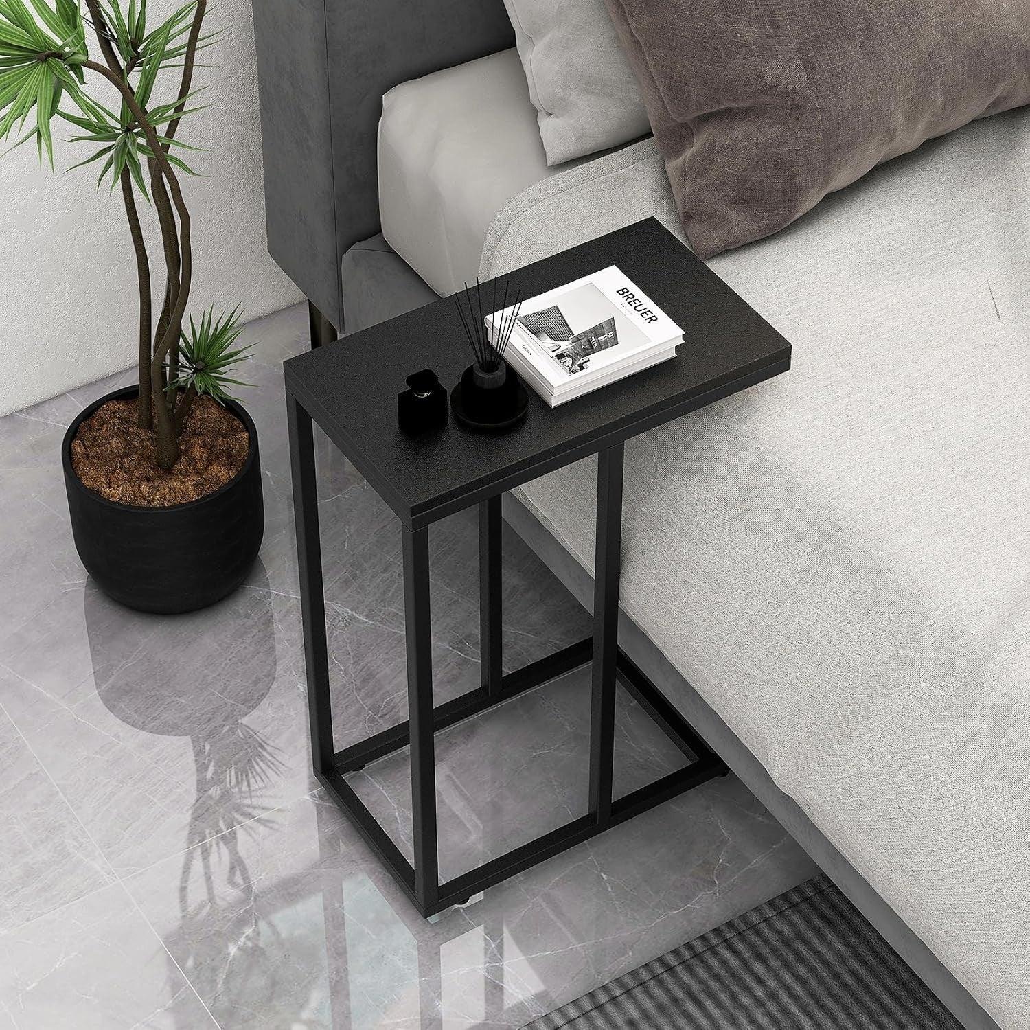 C-Shaped Side Table Black | Industrial Sofa Snack Laptop Table for Small Spaces